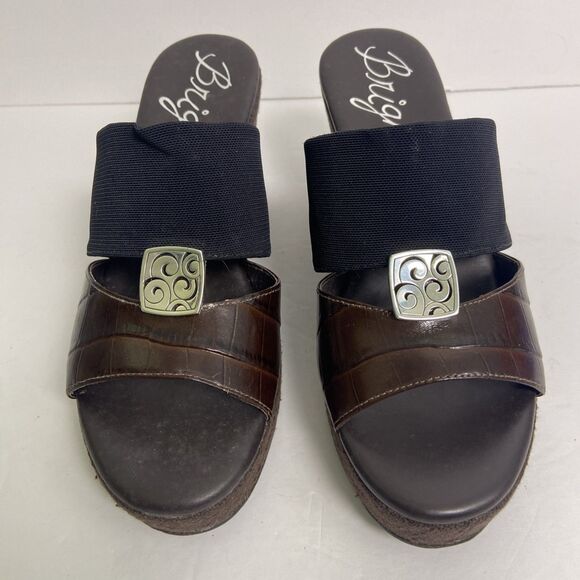 BRIGHTON Dream Brown Black Silver Leather Wedge Slip On Summer Sandals Size 7 - Picture 2 of 11